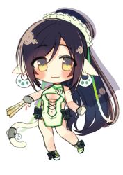 Rule 34 | 1girl, absurdly long hair, animal ears, aquaplus, bare shoulders, black hair, blush, breasts, cat tail, chibi, cleavage, cleavage cutout, closed mouth, clothing cutout, eyes visible through hair, full body, gradient eyes, gradient hair, green one-piece swimsuit, hair between eyes, hair ornament, hand fan, highres, holding, holding fan, holding weapon, jewelry, kuon (utawarerumono), kuon waves-enticing fan, long hair, looking at viewer, medium breasts, midriff, multicolored eyes, multicolored hair, one-piece swimsuit, ponytail, raised eyebrows, sidelocks, sleeveless, smile, solo, standing, standing on one leg, swept bangs, swimsuit, tail, tail ornament, thighs, underboob, utawarerumono, utawarerumono: itsuwari no kamen, utawarerumono: lost flag, very long hair, wavy mouth, weapon, white tail, yasonomugi, yellow eyes