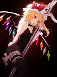 Rule 34 | 1girl, :d, animal ears, bare arms, bare shoulders, black background, black bow, black bowtie, black leotard, black pantyhose, blonde hair, bow, bowtie, breasts, bridal garter, commentary request, crystal, detached collar, dutch angle, fake animal ears, fake tail, flandre scarlet, hair between eyes, hand up, hat, hat bow, honotai, leotard, long hair, looking at viewer, mob cap, one side up, open mouth, pantyhose, playboy bunny, pointy ears, pole, rabbit ears, rabbit tail, red bow, red eyes, simple background, small breasts, smile, solo, strapless, strapless leotard, tail, thighs, touhou, white hat, wings, wrist cuffs