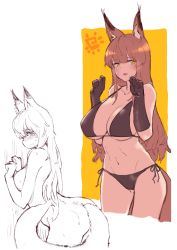 Rule 34 | 1girl, absurdres, alternate costume, animal ears, arknights, ass, bikini, black bikini, black gloves, blush, breasts, brown hair, cleavage, commentary, completely nude, cowboy shot, fox ears, fox girl, fox tail, franka (arknights), from side, gloves, highres, konigstigerchan, large breasts, long hair, looking at viewer, multiple views, navel, nude, open mouth, profile, side-tie bikini bottom, simple background, smile, stomach, straight hair, string bikini, sweat, swimsuit, tail, thighs, white background, yellow background, yellow eyes