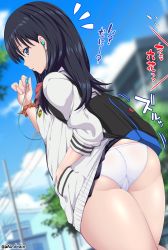 Rule 34 | 10s, 1girl, ass, backpack, bag, black hair, black skirt, blue eyes, blue sky, blurry, blurry background, bow, breasts, day, earphones, gridman universe, hand in pocket, hip focus, huge ass, long hair, long sleeves, looking at viewer, looking back, miniskirt, panties, parted lips, pleated skirt, red bow, red neckwear, school uniform, scrunchie, skirt, skirt caught on object, sky, small breasts, solo, ssss.gridman, sweater, takarada rikka, thick thighs, thighs, translated, tree, twitter username, unadon, underwear, wardrobe malfunction, white panties, white sweater, wide hips, wrist scrunchie