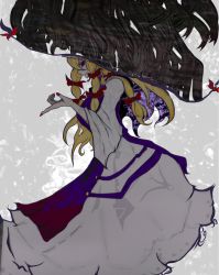 Rule 34 | 1girl, abstract background, blonde hair, bow, creepy, dress, from side, gap (touhou), grey background, hair bow, horror (theme), double exposure, long hair, looking at viewer, nail polish, pointing, purple eyes, red bow, red nails, robe, smile, solo, tabard, tabazi, tentacles, touhou, very long hair, white dress, yakumo yukari