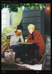 Rule 34 | 2boys, ash lynx, bag, banana fish, black footwear, black hair, black legwear, black pants, blonde hair, brick, brick road, bush, chair, cleaned, closed eyes, coffee, coffee cup, copyright name, cup, disposable cup, drink, eyebrows, flower, fork, glasses, green eyes, grey footwear, grey hoodie, hair between eyes, hand on own chin, highres, hood, hoodie, jacket, leaf, long sleeves, looking at another, male focus, multiple boys, official art, okumura eiji, orange scarf, outdoors, pale skin, pants, pink flower, plaid, red jacket, scarf, short hair, sign, sitting, sleeves past elbows, smile, spoon, table, textless version, third-party edit, tongue, tongue out, tree, window