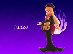 Rule 34 | 1girl, beads, black dress, black hat, breasts, character name, chinese clothes, closed mouth, crescent, crescent moon, dress, energy, facing away, fox tail, full body, gradient background, hair between eyes, hat, highres, itatatata, junko (touhou), long hair, long sleeves, looking away, moon, multiple tails, no lineart, orange hair, purple background, red eyes, ribbon, sash, small breasts, solo, standing, tabard, tail, text focus, touhou, turtleneck, wide sleeves, yellow ribbon