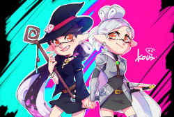 Rule 34 | + +, 2girls, armor, armored skirt, belt, black choker, black dress, black hair, blush, bracelet, breastplate, brown belt, brown eyes, callie (splatoon), capelet, chinese commentary, choker, closed mouth, commentary request, cousins, dress, earrings, fangs, food, food art, gauntlets, gradient hair, green background, green hair, grey hair, hairband, hat, hat ornament, highres, holding, holding hands, holding staff, inkling, jewelry, light blush, long hair, long sleeves, looking at viewer, madaga (animaofmoon), marie (splatoon), mole, mole under eye, multicolored background, multicolored hair, multiple girls, nintendo, open mouth, outline, pauldrons, pointy ears, purple background, purple hairband, ring, short dress, short hair, shoulder armor, side-by-side, signature, smile, splatoon (series), splatoon 2, staff, standing, sword, tako-san wiener, tentacle hair, thighhighs, twitter username, very long hair, weapon, white capelet, white outline, witch hat, yuri, zipper