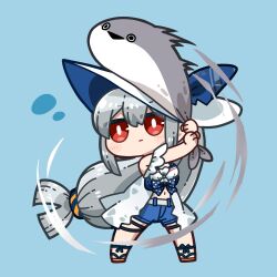 Rule 34 | 1girl, :&gt;, absurdly long hair, absurdres, animal, arknights, bare shoulders, blue background, blue bow, blue shorts, bow, breasts, brown footwear, chibi, closed mouth, commentary request, dog-san, full body, grey hair, hair between eyes, highres, holding, holding animal, long hair, looking to the side, medium breasts, navel, open mouth, polka dot, polka dot bow, red eyes, sacabambaspis, sandals, short shorts, shorts, sidelocks, simple background, skadi (arknights), skadi (waverider) (arknights), solo, standing, swinging, very long hair, white headwear