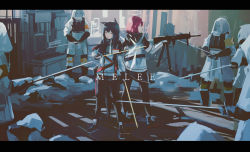 Rule 34 | 2girls, alcxome, animal ears, arknights, artist name, battle, belt, belt pouch, black capelet, black footwear, black gloves, black hair, black legwear, black shorts, capelet, closed mouth, commentary, cross-laced footwear, detached wings, dual wielding, english commentary, english text, exusiai (arknights), fingerless gloves, food, full body, gloves, gun, halo, highres, holding, hood, indoors, jacket, letterboxed, long hair, machine gun, mask, mouth hold, multiple girls, orange eyes, pantyhose, pocky, pouch, red hair, reunion soldier (arknights), shoes, short hair, short shorts, shorts, standing, sword, tail, texas (arknights), weapon, white jacket, wings, wolf ears, wolf tail