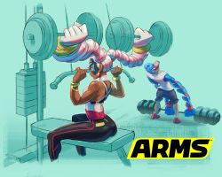 Rule 34 | 1boy, 1girl, aqua background, arms (game), ass, blue eyes, blue hair, bracelet, clenched teeth, dark skin, domino mask, drill hair, dumbbell, earrings, exercising, eyelashes, highres, jewelry, logo, mask, multicolored hair, nintendo, official art, pink hair, pompadour, shirt, simple background, sitting, sleeveless, spring man (arms), sweat, t-shirt, teeth, twintails, twintelle (arms), two-tone hair, weightlifting, white hair, wristband, yamamoto yuu