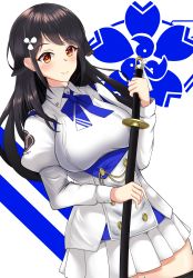 Rule 34 | 1girl, azur lane, black hair, blush, breasts, brown eyes, choukai (azur lane), closed mouth, core1013, feet out of frame, flower, hair flower, hair ornament, highres, holding, holding sword, holding weapon, large breasts, long hair, looking at viewer, simple background, skirt, solo, standing, sword, uniform, weapon, white skirt