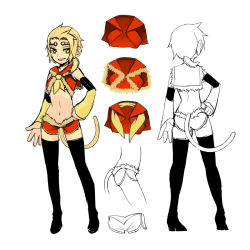 Rule 34 | 1girl, ascot, black thighhighs, blonde hair, boots, character sheet, detached sleeves, facing away, fang, fur trim, gender request, genderswap, image sample, journey to the west, midriff, monkey tail, navel, open mouth, otosama, pixiv sample, short ponytail, short shorts, shorts, simple background, sun wukong, tail, thigh boots, thighhighs, yellow eyes
