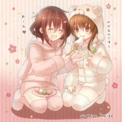 Rule 34 | 10s, 2girls, :d, ^ ^, brown eyes, brown hair, dango, eating, closed eyes, fang, food, hair ornament, hairclip, ikazuchi (kancolle), inazuma (kancolle), kantai collection, mochi, multiple girls, open mouth, pajamas, personification, pink legwear, plate, pom pom (clothes), serino itsuki, short hair, short shorts, shorts, sidelocks, smile, thighhighs, translation request, twitter username, wagashi, white legwear, white s