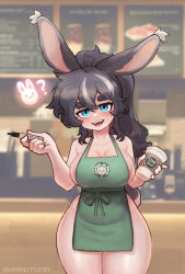 Rule 34 | 1girl, animal ears, apron, areola slip, black hair, blush, breasts, cleavage, collarbone, cup, fangs, green apron, highres, holding, holding cup, holding marker, iced latte with breast milk (meme), large breasts, long hair, looking at viewer, marker, meme, multicolored hair, open mouth, original, ponytail, rabbit ears, rabbit girl, rabbit tail, sharktuna, smile, solo, starbucks, tail, teeth, thick eyebrows, white hair, wide hips