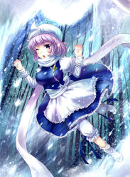Rule 34 | 1girl, apron, bloomers, blush, boots, breasts, female focus, forest, hat, large breasts, letty whiterock, light purple hair, nature, neko kuriya, open mouth, purple eyes, scarf, short hair, skirt, snow, snowing, solo, touhou, tree, underwear, white scarf, wink