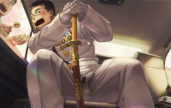 Rule 34 | 2boys, bara, black hair, bulge, car interior, collared shirt, commentary, facial hair, feeding, food, forked eyebrows, gloves, goatee, holding, holding sword, holding weapon, katana, looking at viewer, male focus, protagonist 3 (housamo), mature male, medal, military, military uniform, multiple boys, muscular, muscular male, nion (n ionion), open mouth, pointy ears, scar, scar on face, scar on nose, shirt, short hair, sideburns, sword, takoyaki, teeth, thick thighs, thighs, tokyo houkago summoners, undercut, uniform, weapon, white gloves, white uniform, yoritomo (housamo)