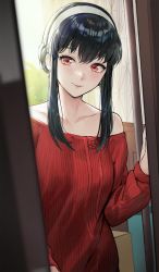 Rule 34 | 1girl, bare shoulders, black hair, closed mouth, duan henglong, earrings, hairband, highres, jewelry, opening door, red eyes, red sweater, short hair with long locks, smile, spy x family, sweater, white hairband, yor briar