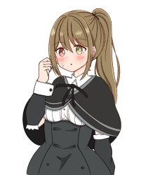 Rule 34 | 1girl, :o, alternate hairstyle, arm at side, assault lily, black capelet, black ribbon, black skirt, blush, breasts, bright pupils, brown hair, capelet, collared shirt, commentary, detached sleeves, hair between eyes, hand up, heterochromia, high-waist skirt, high ponytail, highres, kuo shenlin, long hair, looking at viewer, medium breasts, neck ribbon, parted lips, ponytail, red eyes, ribbon, school uniform, serizawa pickel, shirt, sidelocks, simple background, skirt, solo, standing, sweatdrop, upper body, white background, white pupils, white shirt, yellow eyes, yurigaoka girls academy school uniform