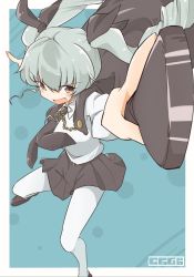 Rule 34 | 10s, 1girl, anchovy (girls und panzer), artist name, belt, black footwear, black necktie, black skirt, blue background, cape, cbgb, dress shirt, drill hair, emblem, foreshortening, full body, girls und panzer, green hair, hair ribbon, loafers, long hair, long sleeves, looking at viewer, miniskirt, necktie, open mouth, out of frame, outside border, pantyhose, pleated skirt, polka dot, polka dot background, red eyes, ribbon, riding crop, school uniform, shirt, shoes, signature, skirt, smile, solo, standing, twin drills, twintails, white pantyhose, white shirt