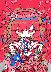 Rule 34 | 1girl, boxcutter, brown eyeshadow, colored eyelashes, cover, cover page, dress, drinking straw, expressionless, halo, hands up, highres, knife, long hair, looking at viewer, mole, mole under eye, needle, open mouth, original, pale skin, pink halo, red background, red dress, red eyes, red hair, red theme, scissors, slime (substance), slushie, solo, stuffed animal, stuffed toy, syringe, teddy bear, terada tera, white nails