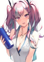 Rule 34 | 1girl, absurdres, azur lane, bottle, breast press, breasts, bremerton (azur lane), bremerton (scorching-hot training) (azur lane), cleavage, commentary, crop top, grey hair, hair between eyes, head tilt, highres, holding, holding bottle, large breasts, looking at viewer, mole, mole under eye, multicolored hair, open mouth, pink eyes, pink hair, see-through, solo, streaked hair, two-tone hair, upper body, water bottle, xkirara39x
