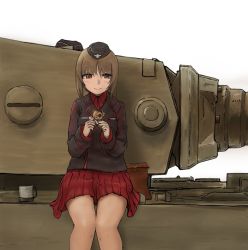 Rule 34 | 10s, 2girls, bag, black hat, black jacket, boko (girls und panzer), brown eyes, brown hair, closed mouth, commentary request, dress shirt, garrison cap, girls und panzer, hat, holding, holding stuffed toy, itsumi erika, jacket, kuromorimine military uniform, long sleeves, looking at viewer, military, military hat, military uniform, military vehicle, miniskirt, motor vehicle, multiple girls, nishizumi miho, nito (nshtntr), paper bag, pleated skirt, red shirt, red skirt, shirt, short hair, simple background, sitting, skirt, smile, solo focus, sticker, stuffed animal, stuffed toy, tank, teddy bear, tiger i, tiger ii, uniform, white background