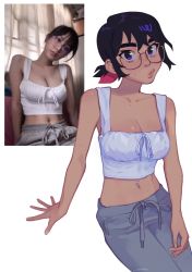Rule 34 | 1girl, artist self-insert, black hair, blue eyes, breasts, cleavage, colored inner hair, crop top, glasses, grey pants, highres, looking at viewer, margaret h, medium breasts, mole, mole on arm, mole on cheek, multicolored hair, navel, navel piercing, original, pants, photo-referenced, piercing, pink hair, reference inset, shadow, shirt, short ponytail, simple background, solo, two-tone hair, white background, white shirt