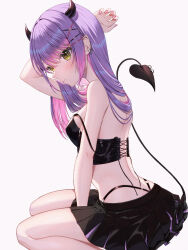 Rule 34 | 1girl, absurdres, alternate costume, alternate hairstyle, back, between legs, black bustier, black skirt, blush, breasts, bustier, closed mouth, commentary, cross-laced clothes, demon girl, demon horns, demon tail, ear piercing, expressionless, feet out of frame, from side, gradient hair, hair between eyes, hair ornament, hair over one eye, hairclip, hand between legs, highres, hololive, horns, long hair, looking at viewer, medium breasts, miniskirt, multicolored hair, panty straps, piercing, pink hair, pleated skirt, purple hair, runlan 0329, simple background, sitting, skirt, solo, straight hair, strap slip, tail, tail ornament, tail piercing, tokoyami towa, two-tone hair, virtual youtuber, white background, x hair ornament, yellow eyes