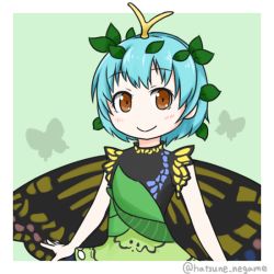 Rule 34 | 1girl, antennae, aqua hair, blush, border, brown eyes, bug, butterfly, butterfly wings, closed mouth, dress, eternity larva, fairy, green dress, hair between eyes, hatsune negame, insect, insect wings, leaf, leaf on head, multicolored clothes, multicolored dress, short hair, short sleeves, single strap, smile, solo, touhou, twitter username, upper body, white border, wings