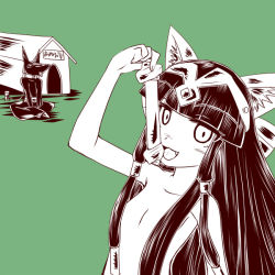 Rule 34 | 1girl, animal ears, anubis (p&amp;d), bastet (p&amp;d), black hair, blunt bangs, bone, cat ears, cat tail, censored, collar, convenient censoring, doghouse, egyptian, egyptian clothes, fang, green background, hair censor, headdress, ichigoya (mazikayu), jackal, leash, licking, long hair, mazikayu, nude, open mouth, puzzle &amp; dragons, sexually suggestive, simple background, sitting, solo, tail, tongue, tongue out