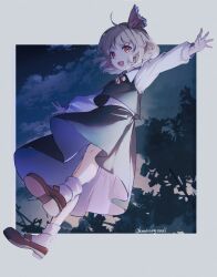 Rule 34 | black skirt, black vest, blonde hair, hair ribbon, highres, long sleeves, oito (bowstringsmall), open mouth, outstretched arms, red eyes, red footwear, ribbon, rumia, skirt, socks, spread arms, touhou, vest, white socks