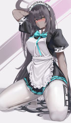 Rule 34 | 1girl, absurdres, apron, bad id, bad pixiv id, bannou ippoutsukou, black hair, blue archive, blush, breasts, dark-skinned female, dark skin, gloves, halo, highres, huge filesize, karin (blue archive), kneeling, large breasts, long hair, looking at viewer, maid headdress, pantyhose, parted lips, puffy short sleeves, puffy sleeves, short sleeves, solo, thighs, white apron, white gloves, white pantyhose, yellow eyes