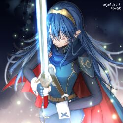 Rule 34 | 1girl, absurdres, blue gloves, cape, closed eyes, closed mouth, dated, eva02asuka0608, eyelashes, falchion (fire emblem), fingerless gloves, fire emblem, fire emblem awakening, gloves, glowing, glowing sword, glowing weapon, hair between eyes, highres, holding, holding sword, holding weapon, long hair, long sleeves, lucina (fire emblem), nintendo, solo, sword, tiara, weapon