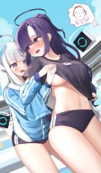 Rule 34 | 2girls, absurdres, doodle sensei (blue archive), blue archive, blue jacket, blush, breasts, buruma, clothes lift, daran9, day, half updo, highres, jacket, long hair, medium breasts, multiple girls, navel, noa (blue archive), open mouth, purple eyes, purple hair, sensei (blue archive), shirt lift, short sleeves, sportswear, standing, sticker on face, tagme, white hair, yuuka (blue archive), yuuka (track) (blue archive)