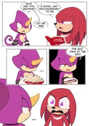 Rule 34 | ..., 2boys, absurdres, animal nose, book, closed mouth, comic, espio the chameleon, eye contact, furry, furry male, highres, holding, holding book, knuckles the echidna, looking at another, male focus, multiple boys, open book, open mouth, purple eyes, reading, sonic (series), tail, tearing up, the murder of sonic the hedgehog, toonsite, v-shaped eyebrows