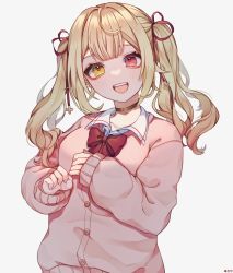 Rule 34 | 1girl, :d, beige sweater, blonde hair, blunt bangs, blush, bow, bowtie, choker, eyebrows hidden by hair, heterochromia, highres, hoshikawa sara, long hair, looking at viewer, moqin, nijisanji, open mouth, pink eyes, red bow, red bowtie, simple background, sleeves past wrists, smile, solo, twintails, upper body, virtual youtuber, white background, yellow eyes