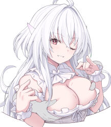 Rule 34 | 1girl, 1other, ahoge, breasts, disembodied hand, fate/grand order, fate (series), grabbing, grabbing another&#039;s breast, grabbing from behind, lady avalon (fate), lady avalon (second ascension) (fate), large breasts, long hair, looking at viewer, merlin (fate/prototype), one eye closed, pointy ears, red eyes, shiseki hirame, simple background, smile, solo focus, sweat, upper body, white background, white hair