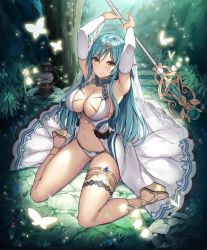 Rule 34 | 1girl, arms up, bare shoulders, blue hair, breasts, cleavage, evertale, full body, high heels, highres, holding, large breasts, long hair, looking at viewer, navel, pointy ears, seiza, sitting, smile, solo, thighs, yellow eyes