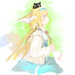 Rule 34 | 1girl, absurdres, animal ears, arknights, blonde hair, cardigan, closed mouth, cup, fox ears, fox girl, fox tail, from side, green eyes, green hairband, green skirt, hairband, highres, holding, holding cup, long hair, long sleeves, luo xiaohei zhanji, multicolored hair, neck ribbon, open cardigan, open clothes, powerlesssong, red ribbon, ribbon, shirt, skirt, solo, suzuran (arknights), suzuran (spring praise) (arknights), tail, white hair, white shirt, yellow cardigan