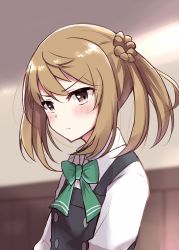 Rule 34 | 1girl, blurry, bow, bowtie, commentary request, depth of field, double bun, dress, green bow, green bowtie, hair bun, highres, kantai collection, light brown hair, long hair, michishio (kancolle), michishio kai ni (kancolle), one-hour drawing challenge, pinafore dress, pout, shirt, short twintails, sleeveless, sleeveless dress, solo, soramuko, twintails, upper body, white shirt