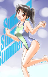 Rule 34 | 1girl, barefoot, black hair, brown eyes, competition swimsuit, ikawa kanoya, leg up, long hair, one-piece swimsuit, open mouth, original, ponytail, smile, solo, standing, standing on one leg, swimsuit