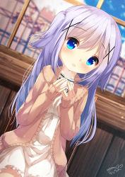 Rule 34 | 1girl, :d, blue eyes, blue hair, blue sky, blurry, blurry background, blush, brown cardigan, building, cardigan, chinomaron, commentary request, cup, day, depth of field, dress, frilled dress, frills, gochuumon wa usagi desu ka?, hair between eyes, hair flaps, hair ornament, hands up, head tilt, highres, holding, holding cup, indoors, kafuu chino, long hair, long sleeves, looking at viewer, mug, open mouth, signature, sitting, sky, sleeves past wrists, smile, solo, twitter username, very long hair, white dress, window, x hair ornament