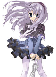 Rule 34 | 1girl, blue eyes, blush, bow, capelet, dragon shadow spell, dress, floating hair, frilled dress, frills, hairband, lace, light smile, lolita fashion, long hair, looking at viewer, pantyhose, ribbon, sazaki ichiri, short dress, silver hair, simple background, smile, solo, standing, therese weisman, turtleneck, umbrella, v arms, white background, white pantyhose