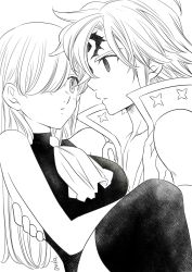 Rule 34 | 10s, 1boy, 1girl, artist name, bare shoulders, blush, breasts, carrying, couple, dark persona, elizabeth liones, greyscale, hair over one eye, harumiya, long hair, looking at another, medium breasts, meliodas, monochrome, nanatsu no taizai, necktie, parted lips, princess carry, thighhighs