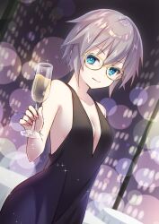Rule 34 | 1girl, black dress, blue eyes, breasts, building, champagne flute, collarbone, cup, date a live, dress, drinking glass, dutch angle, glasses, grey hair, highres, holding, holding cup, honjou nia, indoors, kuro leika00x, short hair, small breasts, smile, solo, table, tablecloth