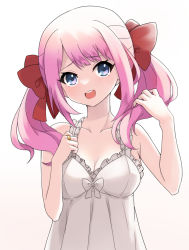 Rule 34 | 1girl, amai nekuta, assault lily, bare arms, bare shoulders, blue eyes, bow, breasts, camisole, cleavage, collarbone, frilled camisole, frills, grey background, hair bow, hand on own chest, hands up, head tilt, holding, holding hair, jewelry, long hair, looking at viewer, medium breasts, open mouth, pink hair, raised eyebrows, ring, sadamori himeka, sidelocks, solo, standing, teeth, twintails, upper body, upper teeth only, white background, white bow, white camisole