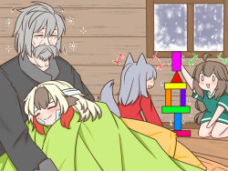 Rule 34 | +++, 0 0, 1boy, 3girls, :d, ahoge, animal ears, arknights, arm up, bandaged head, bandages, beard, black shirt, blanket, blonde hair, blush, braid, brown hair, commentary, cuora (arknights), doctor (arknights), english commentary, eyebrows hidden by hair, facial hair, green shirt, grey hair, guin guin, hair between eyes, indoors, long hair, multicolored hair, multiple girls, mustache, open mouth, pillow, projekt red (arknights), red hair, red shirt, shirt, short sleeves, sleeping, smile, snowing, snowsant (arknights), tail, two-tone hair, very long hair, window