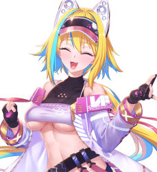 Rule 34 | 1girl, :3, :d, animal ears, bare shoulders, belt, black belt, black gloves, blonde hair, blue hair, blush, breasts, cat ears, coat, colored inner hair, closed eyes, facing viewer, fang, fingernails, floating hair, gloves, hands up, highres, holding, holding stylus, ibuki notsu, long hair, long sleeves, mechanical ears, medium breasts, multicolored hair, nail polish, navel, open clothes, open coat, open mouth, partially fingerless gloves, pink nails, purple coat, simple background, smile, solo, stylus, underboob, very long hair, visor cap, visual frontier, vrchat, white background
