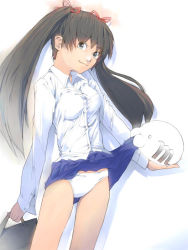 Rule 34 | 1girl, akinbo (hyouka fuyou), bag, blue skirt, brown hair, clothes lift, grey eyes, hair ribbon, original, panties, red ribbon, ribbon, shirt, skirt, skirt lift, smile, solo, twintails, underwear, white panties, white shirt
