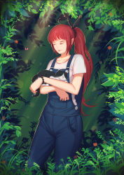 Rule 34 | 1girl, animal, black cat, bracelet, bug, butterfly, cat, closed eyes, facing viewer, highres, holding, holding animal, holding cat, bug, jewelry, light rays, original, outdoors, overalls, plant, ponytail, red hair, solo, standing, sunbeam, sunlight, zhang tie tong