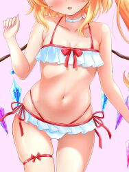 Rule 34 | 1girl, bikini, blush, breasts, cameltoe, choker, commentary request, cowboy shot, crystal, facing viewer, flandre scarlet, frilled bikini, frills, head out of frame, highres, kuronekoron, long hair, medium hair, navel, one side up, open mouth, pink background, pink nails, simple background, small breasts, solo, swimsuit, thigh strap, touhou, white bikini, white choker, wings