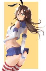 Rule 34 | 1girl, arched back, arm behind back, ass, between buttocks, blue skirt, breasts, brown hair, commentary request, cosplay, cosplay request, covering ass, covering privates, from behind, gloves, green eyes, hair between eyes, hair ornament, hairclip, highres, himekawa yuki, idolmaster, idolmaster cinderella girls, kantai collection, kon5283, long hair, looking at viewer, medium breasts, microskirt, midriff, miniskirt, open mouth, shimakaze (kancolle), shimakaze (kancolle) (cosplay), shirt, simple background, skirt, solo, striped clothes, striped thighhighs, thighhighs, white background, white gloves, white shirt, yellow background
