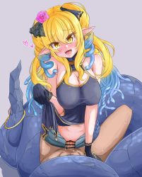 Rule 34 | 1boy, 1girl, :d, arm support, assertive female, bar censor, bare shoulders, black gloves, blonde hair, blue hair, blush, breasts, censored, cleavage, cowgirl position, earrings, femdom, flower, girl on top, gloves, gradient hair, hair flower, hair ornament, hana yamakiri, heart, heart-shaped pupils, hetero, highres, jewelry, lamia, large breasts, lifted by self, looking at viewer, medusa (monster girl encyclopedia), monster girl, monster girl encyclopedia, multicolored hair, navel, open mouth, penis, pointy ears, pov, sex, smile, snake bondage, snake hair, straddling, sweat, symbol-shaped pupils, two-tone hair, vaginal, veins, veiny penis